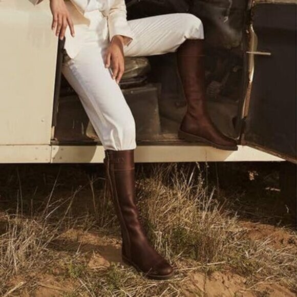 Brown Women Cowboy Knee High Boots Low Chunky Heel Fringed Knee Boots Round Toe - Picture 1 of 7